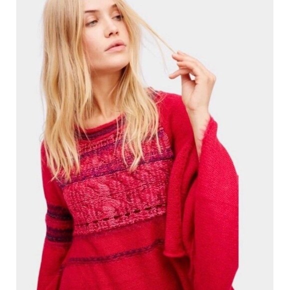 Free People Raspberry Pink Red Textured Knit Bell Sleeve Sweater Women’Size XS - Picture 3 of 14